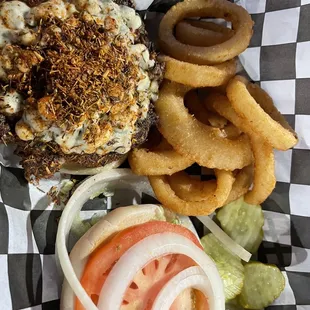 burger and onion rings