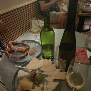 Cheese plate and pretzel
