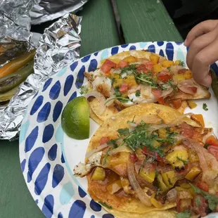 Fish tacos and grilled jalapeños