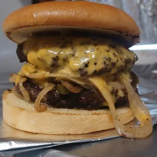 Double Bacon Cheeseburger with Grilled Onions