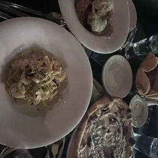 Eggplant Napoletana, Shrimp in citrus cream pasta, and Chianti braised short rib pizza