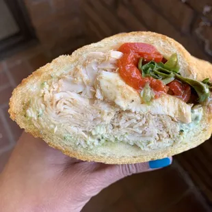 turkey: roasted turkey breast, mozzarella, basil mayo, roasted red peppers, arugula, balsamic vinaigrette = $14