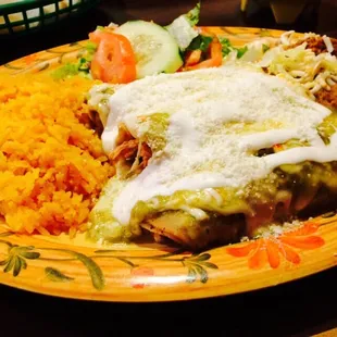 Just love their Chicken Enchiladas Verdes.   Very generous amounts of shredded Chicken.