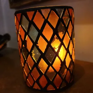 a lit candle on a table