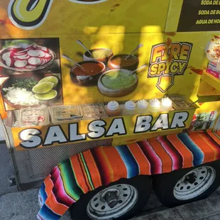 Salsa Roja, Salsa Verde, Salsa Habanero, Chipotle, Creamy Jalapeño, Chile de Aceite.