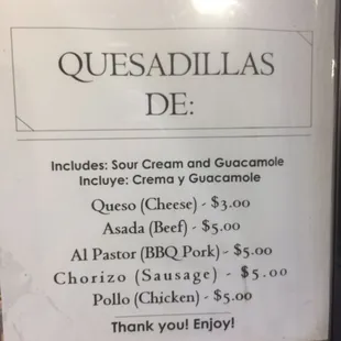  menu for quesadillas