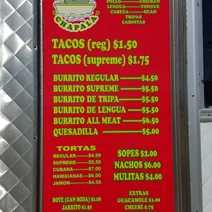 a menu for tacoss
