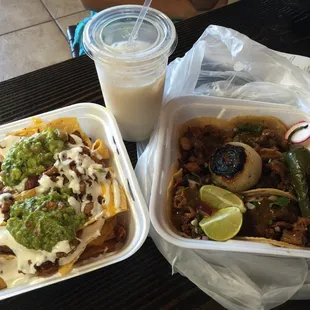 Extra Crispy Tripas Nachos and Extra Crispy Tripas Tacos with Horchata