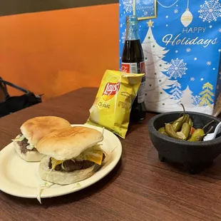 The burger comes with potato chips. We also got a Mexican Coke.