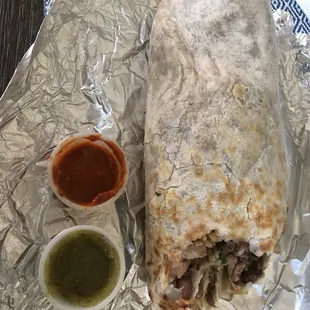 Carne Asada with green and red sauce.