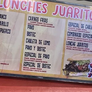 a menu for a sandwich