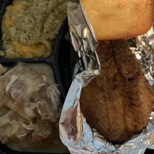 Croaker, dressing, broccoli casserole