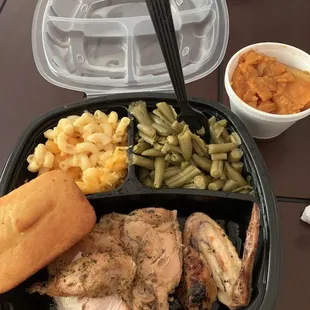Baked dry chicken , yams , green beans and Mac with cheese.