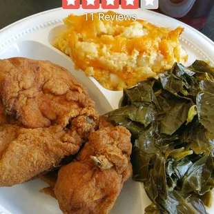 Lightly breaded fried chicken, mac-n-cheese, and collard greens.