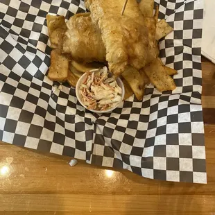 fish and chips with coleslaw