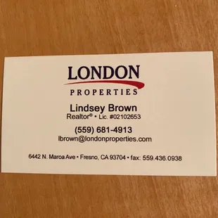 Her card. Stay away from this woman, she is dishonest and rude.