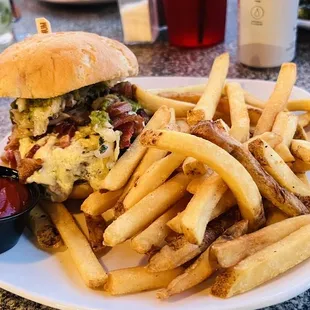 Bacon Jack Burger with gluten free bun and French Fries