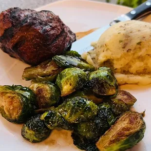Sirloin Steak, Garlic Mashed Potatoes and roasted Brussel sprouts.
