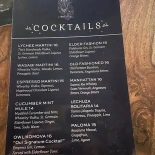 Cocktail menu