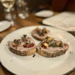 Chicken Liver Paté -- plum, pickled mustard seed, grilled bead