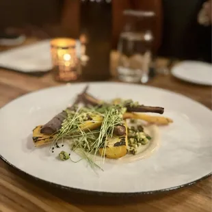 BBQ Carrots -- harissa, tahini, pistachio dukkah