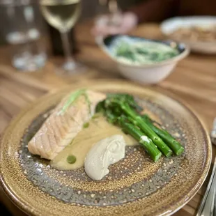 Slow Roasted Ora King Salmon -- onion nage, cauliflower purée, chive oil