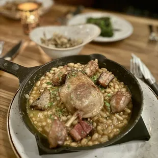 Duck Leg Cassoulet -- duck leg confit, Old Major Toulouse sausage, white beans