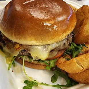 Short Rib Burger with onion rings