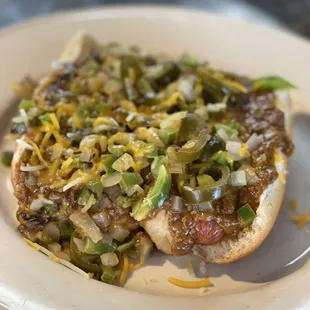 a chili dog on a plate