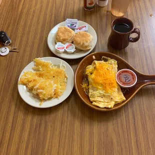 Sausage &amp; Cheese Omlet, hash browns, biscuits