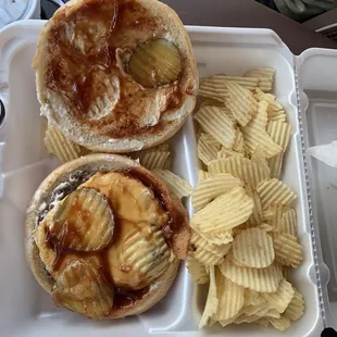 Cheeseburger with BBQ, requested the burger this way, comes with potato chips.