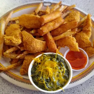Catfish platter, french fries/hush puppies, and creamed spinach.
