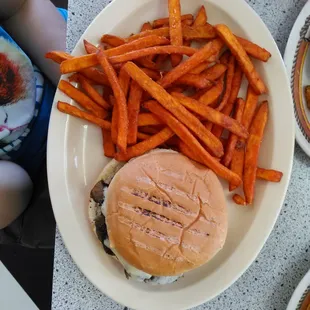 Mushroom swiss burger with sweet potato fries