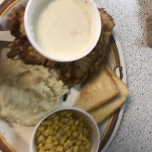 Chicken fried steak with burned corn