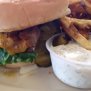 Bacon cheese burger added jalapeños &amp; ranch.