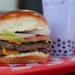 Double cheese burger w/ Taro Milk Tea