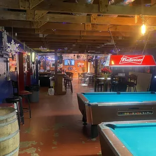 pool tables and beer barrels