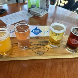 A flight of beers: Wheat, Blueberry, Mexican lager and Irish red