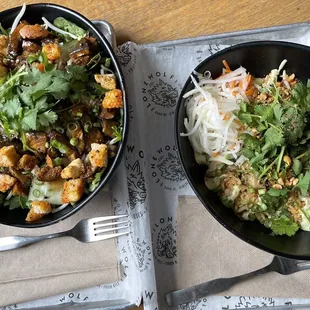 Portabella Salad with Kimchi Vinaigrette and Pesto Chicken Fried Rice with Roasted Jalapeño aioli