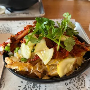 Kimchi Fries w/ extra kimchi and cucumbers (pickles)
