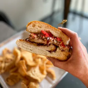 a person holding a sandwich and chips