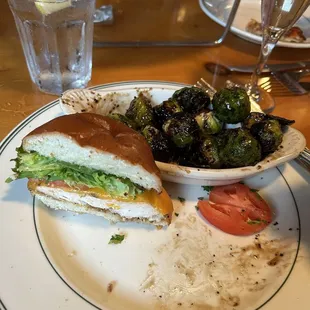 Chicken sandwich and brussel sprouts