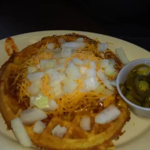 Cowpatty- cornbread waffle with chili