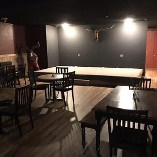 empty tables and chairs in a dimly lit room