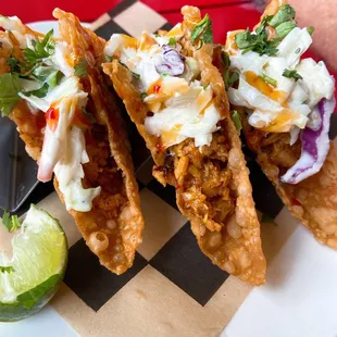 Asian wonton tacos. Very small, tasty, but not worth $2 each. Each taco was 3 bites.