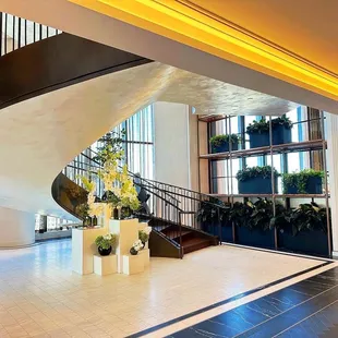 a staircase in a hotel lobby