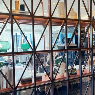 a view of a restaurant through a window