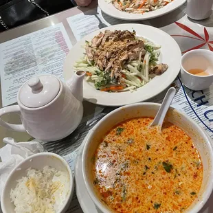 Tom Ka ( chicken), green apple salad with chicken and another salad with chicken