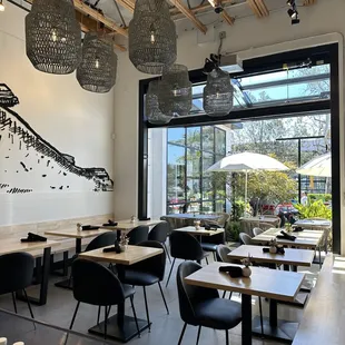 a dining area with tables and chairs