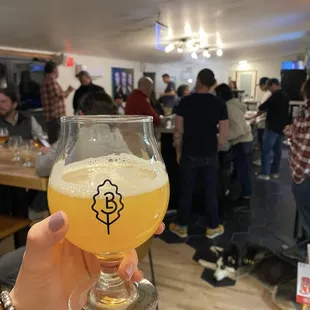a person holding a glass of beer
